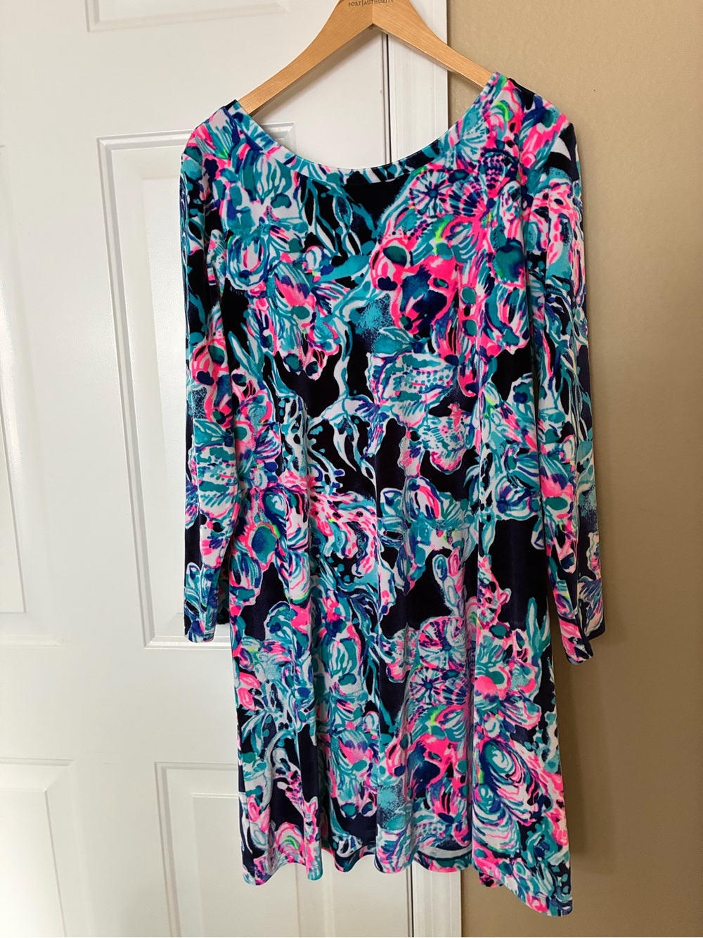 Lilly Pulitzer Velvet Navy Floral Swing Dress with Pink & Teal Blooms